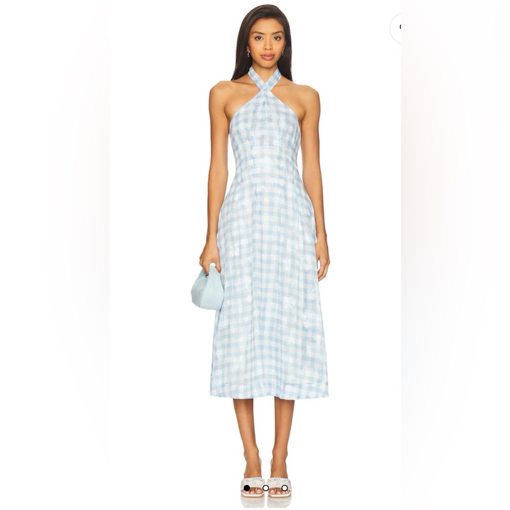 For Love and Lemons Claudette Gingham Midi Dress in Light Blue + White